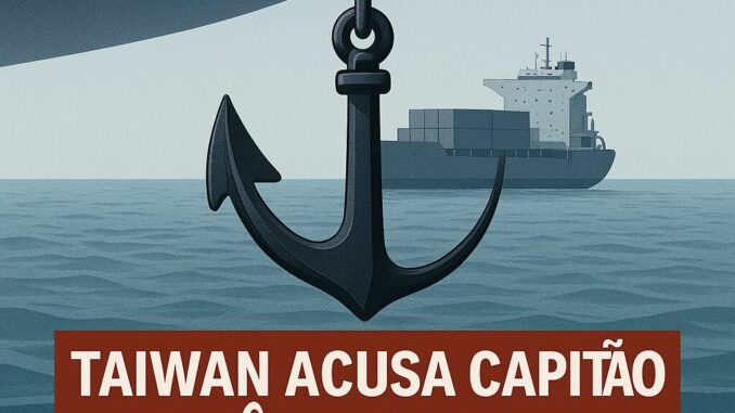 Âncora de navio em destaque sobre o mar, com cargueiro ao fundo. Texto: 'Taiwan acusa capitão chinês por dano a cabo submarino