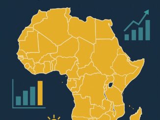 Infográfico digital com mapa da África e ícones econômicos representando crescimento, comércio e desenvolvimento regional.