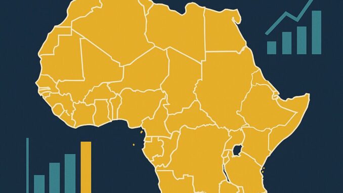 Infográfico digital com mapa da África e ícones econômicos representando crescimento, comércio e desenvolvimento regional.