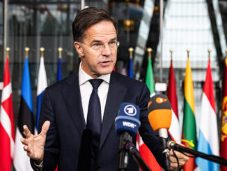 Mark Rutte, Secretário-Geral da OTAN, durante declaração em reunião dos Ministros da Defesa em Bruxelas, outubro de 2025
