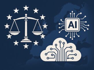 Governança da inteligência artificial na União Europeia representada por balança da justiça, chip de IA e nuvem digital sobre mapa da Europa.