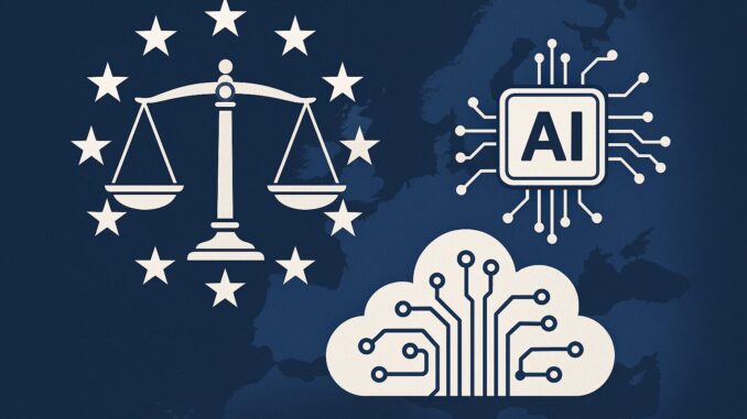 Governança da inteligência artificial na União Europeia representada por balança da justiça, chip de IA e nuvem digital sobre mapa da Europa.