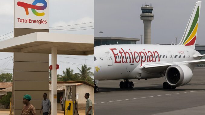 Posto de combustível da TotalEnergies em Moçambique e avião da Ethiopian Airlines no aeroporto com torre de controle ao fundo.