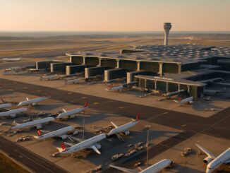Vista aérea do aeroporto de Istambul ao entardecer, mostrando vários aviões estacionados nos portões, com a torre de controle ao fundo.