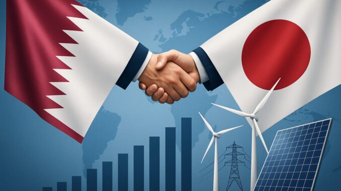 Duas mãos apertando-se, representando cooperação, com as bandeiras do Catar e do Japão ao redor, e gráficos de crescimento econômico, além de turbinas eólicas e painéis solares simbolizando energias renováveis.