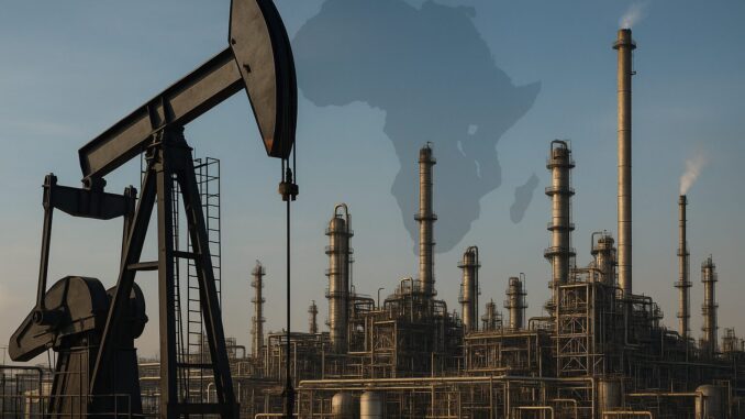 Imagem de uma refinaria de petróleo com várias torres industriais e uma bomba de petróleo em primeiro plano, com um contorno do mapa da África ao fundo.