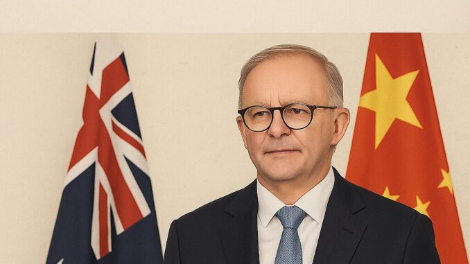 Primeiro-Ministro australiano Anthony Albanese em pé, vestindo terno escuro, gravata azul e óculos, com as bandeiras da Austrália e da China ao fundo.