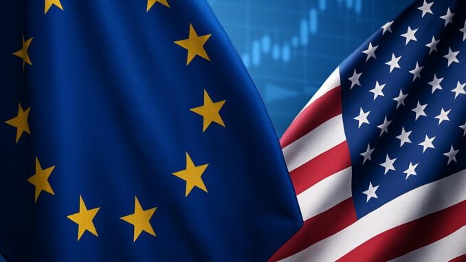 Bandeiras da União Europeia e dos Estados Unidos lado a lado, com gráficos financeiros desfocados ao fundo.
