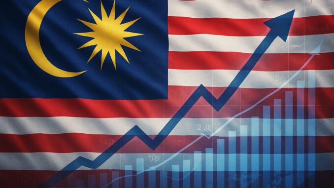 Bandeira da Malásia com gráfico de barras e linha ascendente em sobreposição, simbolizando crescimento econômico e aumento de IPOs.