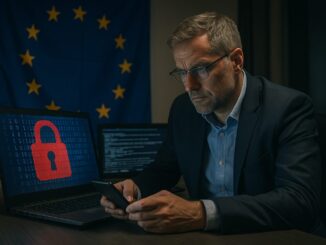 Capa do artigo sobre cibersegurança na Europa, mostrando um cadeado digital sobre um mapa europeu com tons azuis e efeitos tecnológicos.