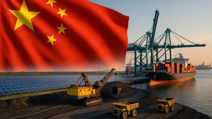 Navios de carga navegando sob a bandeira da China, simbolizando os investimentos e o comércio da iniciativa Cinturão e Rota em 2025.