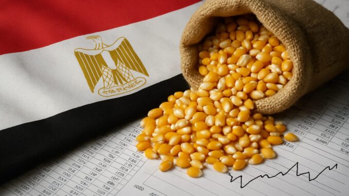 Saco de milho derramando grãos sobre gráficos financeiros, ao lado da bandeira do Egito.