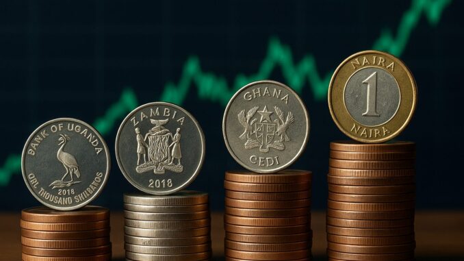 Quatro moedas africanas — Xelim Ugandês, Kwacha Zambiano, Cedi Ganês e Naira Nigeriano — dispostas em pilhas de moedas, simbolizando o crescimento e a valorização econômica, com gráfico de tendência ascendente ao fundo.