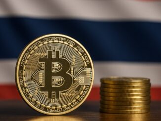 Moeda física dourada de Bitcoin em destaque sobre uma superfície de madeira, com uma pilha de moedas ao fundo e uma bandeira desfocada com cores vermelho, branco e azul.