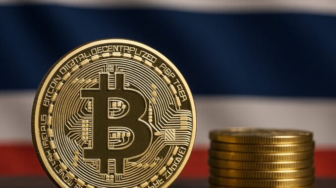 Moeda física dourada de Bitcoin em destaque sobre uma superfície de madeira, com uma pilha de moedas ao fundo e uma bandeira desfocada com cores vermelho, branco e azul.