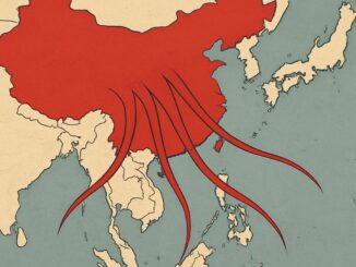 Mapa estilizado da Ásia destacando a China em vermelho com linhas vermelhas que se estendem para o Sudeste Asiático, simbolizando a expansão da influência chinesa.