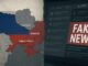 Mapa da Ucrânia com regiões em vermelho e azul indicando áreas de conflito e influência, ao lado de uma tela de computador com o alerta "Fake News".