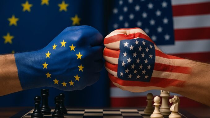 Ilustração simbólica da União Europeia reagindo às tarifas comerciais impostas pelos Estados Unidos, com elementos visuais que remetem a tensões econômicas e diplomáticas.