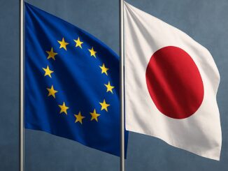 Bandeiras da União Europeia e do Japão lado a lado, simbolizando a parceria estratégica entre os dois blocos.