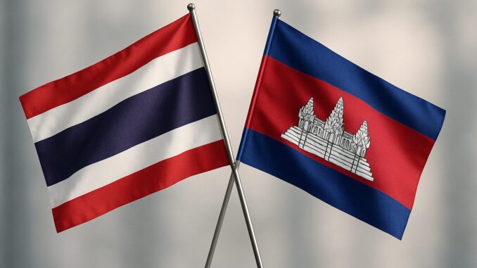 Bandeiras da Tailândia e do Camboja cruzadas em fundo neutro, simbolizando a cooperação e o acordo de paz entre os dois países.