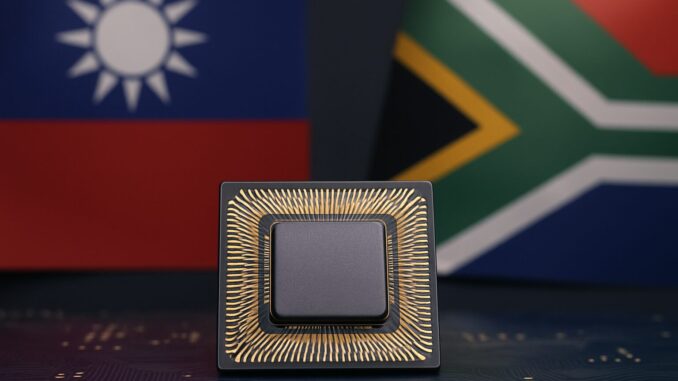Microchip eletrônico em destaque com as bandeiras de Taiwan e África do Sul desfocadas ao fundo.