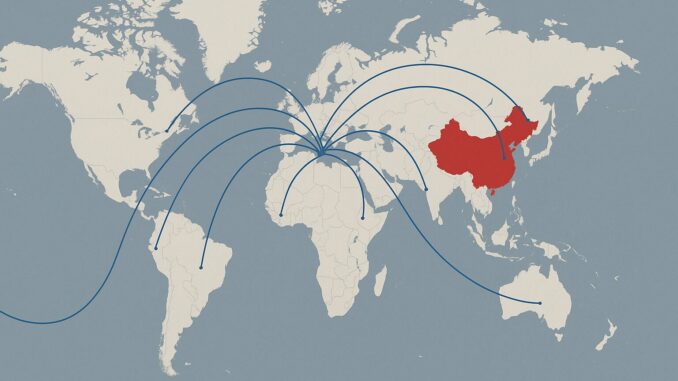 Ilustração de um mapa mundi com a China destacada em vermelho e linhas azuis indicando conexões globais partindo da China para várias regiões do mundo, representando a expansão da indústria espacial comercial chinesa.