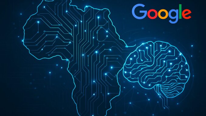 Mapa da África com circuitos digitais conectando-se a um cérebro eletrônico, ao lado do logotipo do Google, simbolizando a interseção entre inteligência artificial, soberania digital e presença tecnológica da empresa no continente africano.