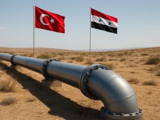Ilustração de um gasoduto em um terreno árido, com as bandeiras da Turquia e da Síria ao fundo.