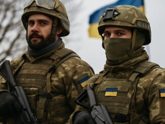 Dois soldados ucranianos armados observam atentos em área de conflito