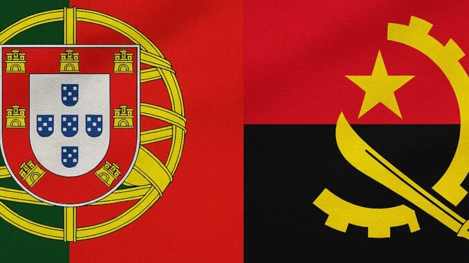 Bandeiras de Portugal e Angola lado a lado simbolizando a parceria no Fórum EurAfrican 2025.