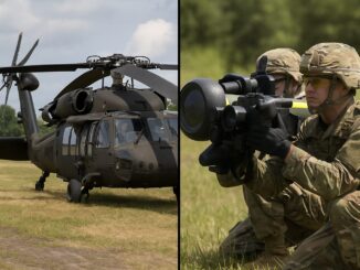 Helicóptero militar Black Hawk pousado em campo aberto ao lado de soldados brasileiros uniformizados manuseando um sistema antitanque Javelin durante treinamento em ambiente natural.