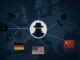 Ilustração mostrando um agente secreto estilizado no centro de um mapa da Europa, conectado por linhas a ícones de vigilância, arquivos secretos, comunicação telefônica e de mensagens, com as bandeiras da Alemanha, Estados Unidos e China, simbolizando espionagem internacional.