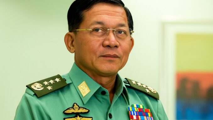 Retrato do General Min Aung Hlaing em uniforme militar verde com medalhas e insígnias, usando óculos e olhando diretamente para a câmera.