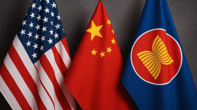 Bandeiras dos Estados Unidos, China e Associação das Nações do Sudeste Asiático (ASEAN) lado a lado sobre um fundo cinza escuro.