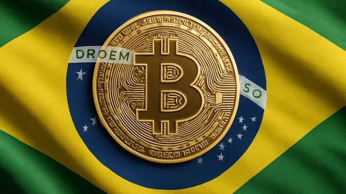 Bandeira do Brasil com uma moeda de Bitcoin dourada no centro do círculo azul, substituindo o brasão tradicional.