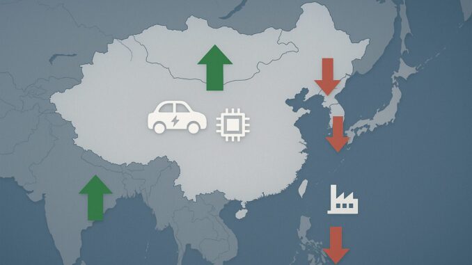 Mapa estilizado da Ásia mostrando crescimento industrial na China e Índia (setas verdes) e contração no Japão, Coreia do Sul e Taiwan (setas vermelhas), com ícones de veículos elétricos e semicondutores sobre a China e um ícone de indústria na região da Ásia-Pacífico.