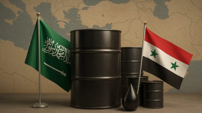 Barris de petróleo com bandeiras da Arábia Saudita e Síria, simbolizando fornecimento de combustível e cooperação econômica entre os países.