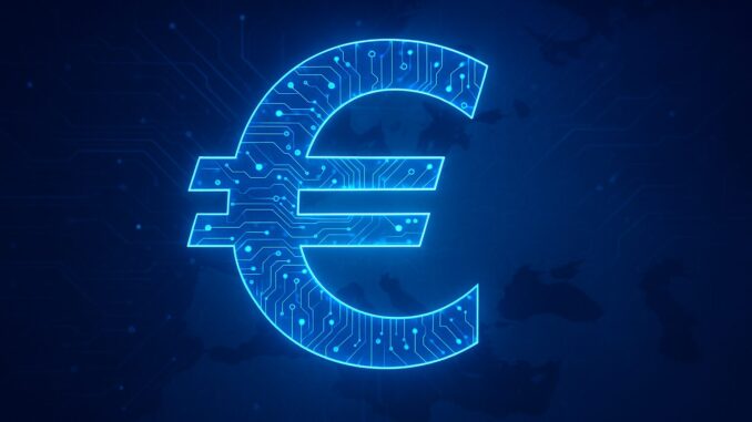 Símbolo do euro digital brilhando em tons de azul, representando tecnologia financeira e inovação monetária na União Europeia.