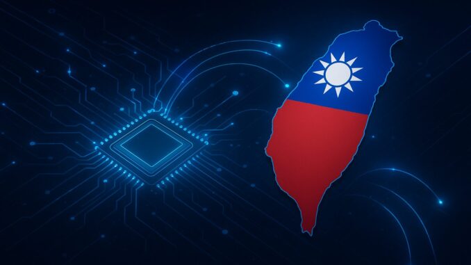 Mapa de Taiwan com a bandeira do país sobreposta, conectado a um chip de computador, representando computação quântica e tecnologia de alto desempenho.