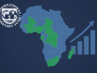 Mapa da África com países que receberam empréstimos do FMI destacados em verde. Logotipo do Fundo Monetário Internacional no canto superior esquerdo e gráfico de barras indicando crescimento econômico/dívida no lado direito.