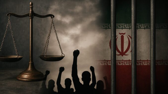 Balança da justiça ao lado de silhuetas de pessoas protestando e a bandeira iraniana atrás de grades, representando execuções e repressão no Irã.