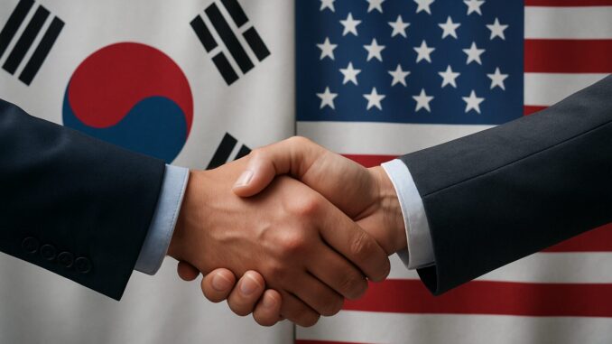 Aperto de mãos entre representantes da Coreia do Sul e dos Estados Unidos, com as bandeiras dos dois países ao fundo, simbolizando cooperação e diálogo diplomático.