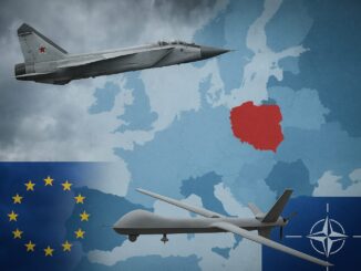 Caças militares russos sobrevoando mapa da Europa, com destaque para Estônia, Polônia e Alemanha, representando incursões aéreas e tensões com a OTAN.