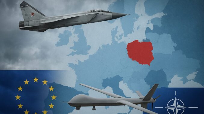 Caças militares russos sobrevoando mapa da Europa, com destaque para Estônia, Polônia e Alemanha, representando incursões aéreas e tensões com a OTAN.