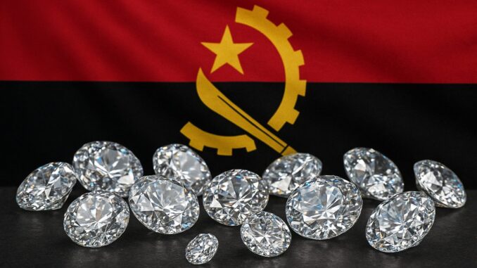 Diamantes lapidados com a bandeira de Angola ao fundo, simbolizando a presença estratégica do país na De Beers.