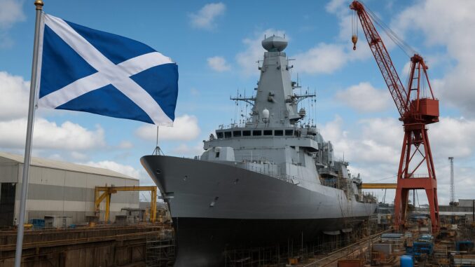 Navio militar moderno em estaleiro na Escócia, com a bandeira escocesa ao lado, simbolizando a indústria de defesa e tecnologia naval europeia.