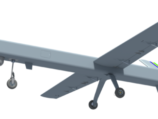 Renderização do drone Atobá da Stella Tecnologia equipado com sensores, mostrando detalhes da estrutura e sistema de vigilância.