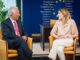 António Costa, presidente do Conselho Europeu, e Roberta Metsola, presidente do Parlamento Europeu, conversando durante reunião oficial no Parlamento Europeu, julho de 2024.