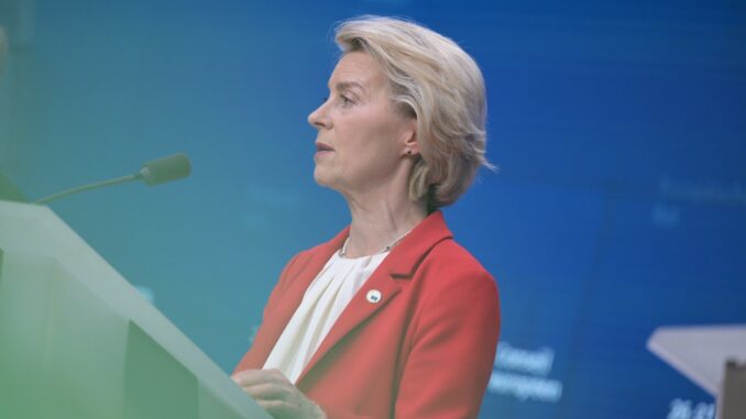 Presidente da Comissão Europeia durante discurso em Bruxelas sobre acordos comerciais