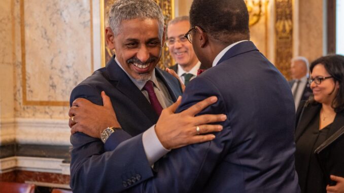 Sidi Ould Tah, presidente do Banco Africano de Desenvolvimento, cumprimenta um colega durante evento formal em sala elegante.